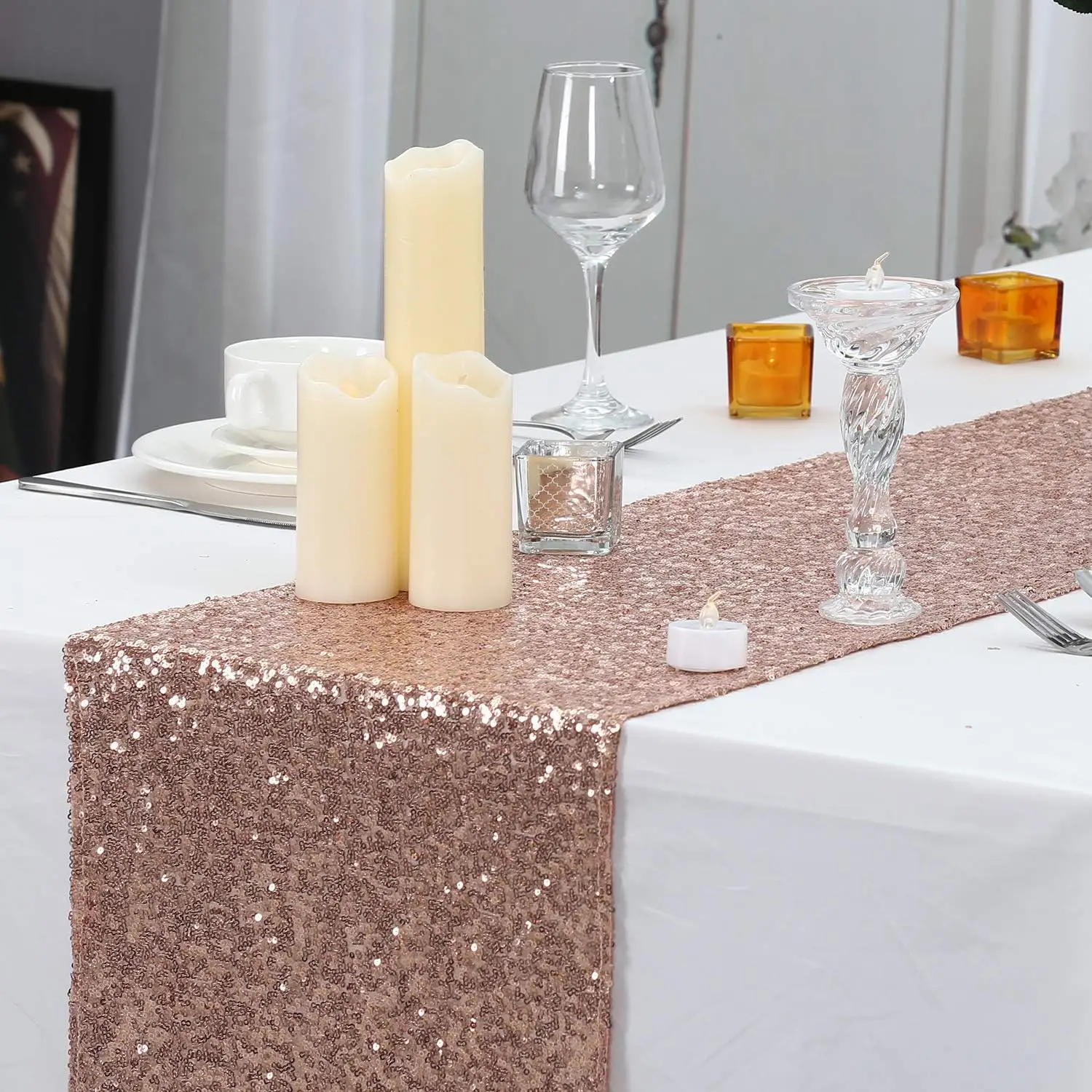 Sequin Table Runner Rose Gold 12 x 108 inch Glitter Table Runner for Birthday, Wedding, Banquet, Baby Shower Decorations