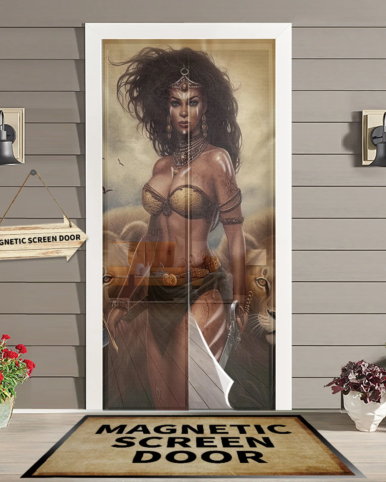 African Savanna Woman Lion Magnetic Door Curtain Living Room Bedroom Home Anti-mosquito Screen Door Curtain