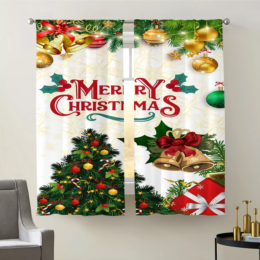 2PCS Christmas Winter Curtains, Bell Christmas Tree, Digital Print, Bedroom Living Room, Rod Pocket, Polyester, Home Decor