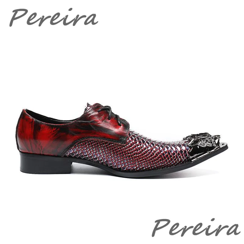 Metal Pointed Toe Snake Patterned Men\'s Shoes Wine Red Lace Up Genuine Leather Formal Shoe Fashion British Style Brogue Shoes