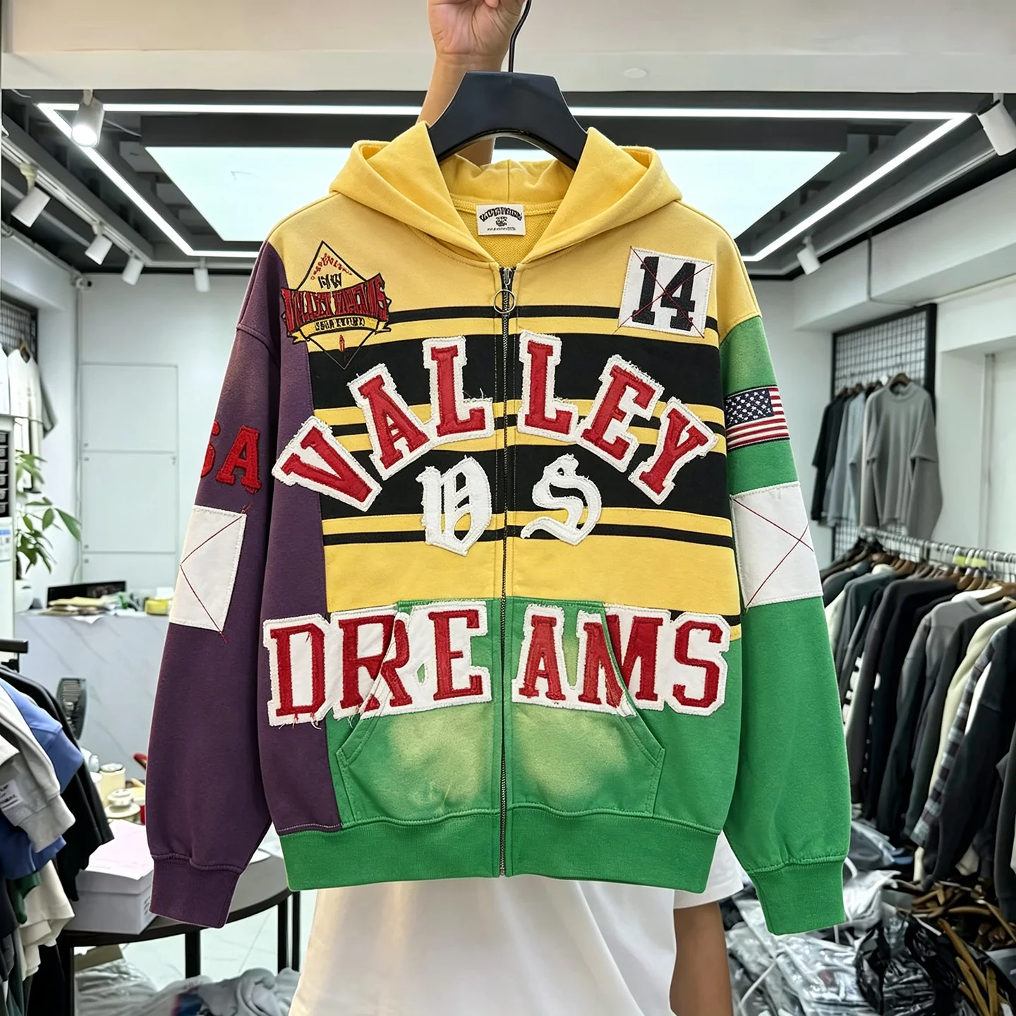 Autumn Winter American Street Style Patchwork Embroidered Hooded Fleece Sweatshirt Loose Color Block Zipper Open Cardigan Jac...