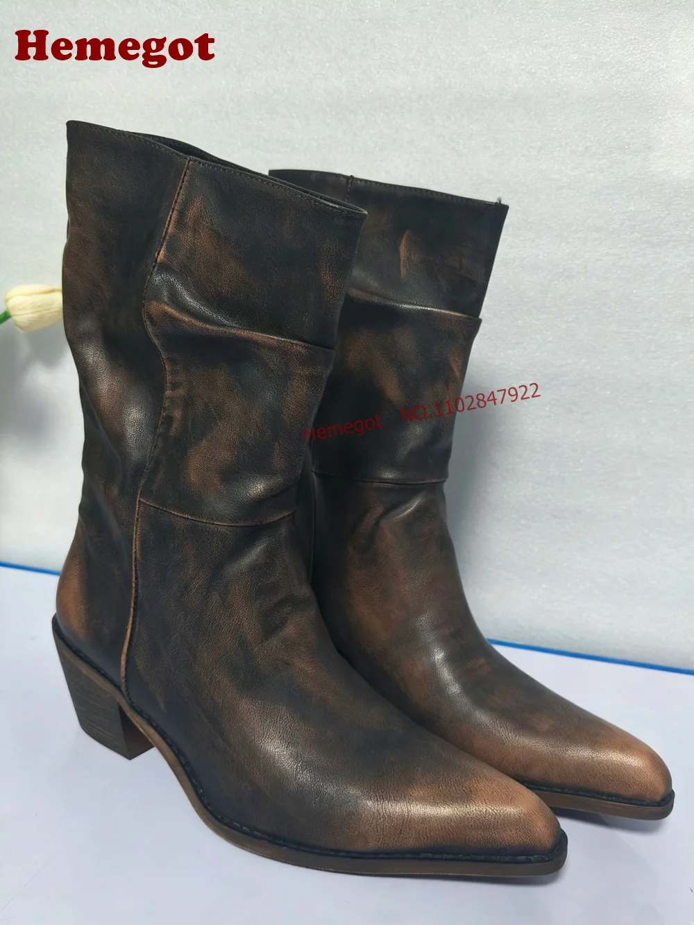 Distressed Washed Leather Slouchy Knee High Cowboy Boots Pointed Snip Toe Stacked Block Heel Western Fold Shaft Tall Riding Boot