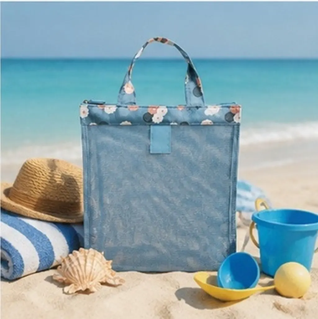 Beach Mesh Tote Bag with Heavy-Duty Handles, Blue Floral Design, Sand Drainage, Pool & Boat Use
