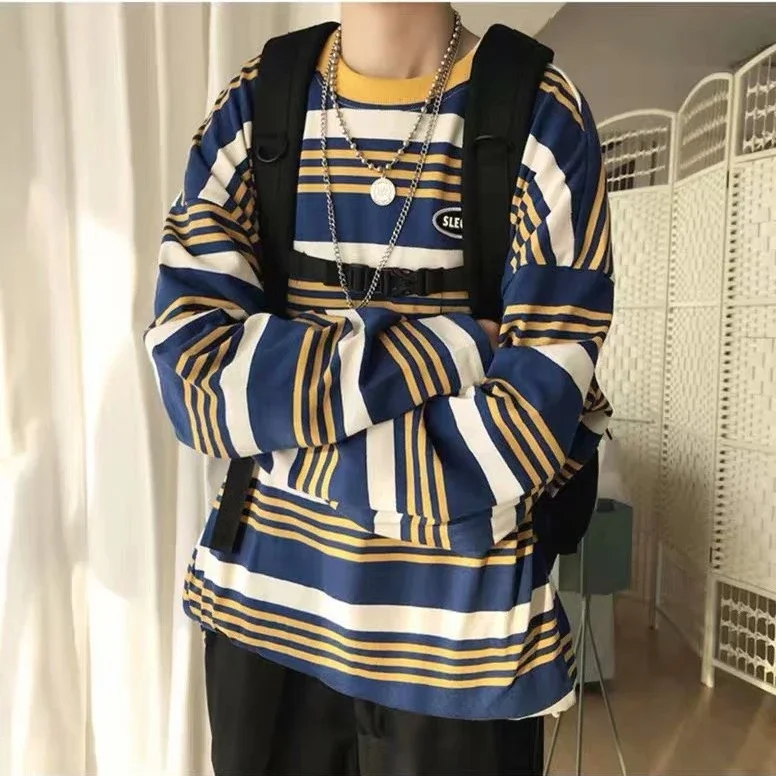 

spring harajuku green stripes T Shirt Women autumn oversized tshirt for men Pullovers long sleeve y2k Tops tee Unisex streetwear