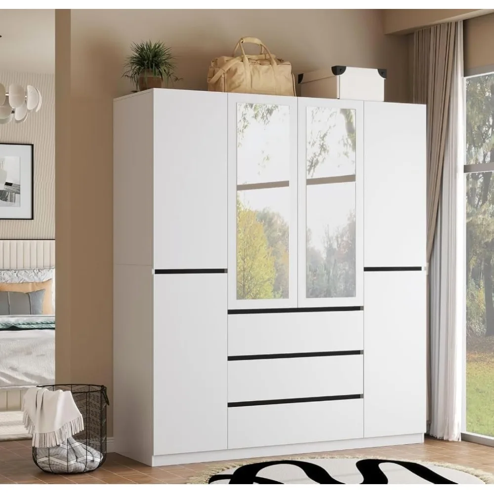 

White Armoire Wardrobe Closet: Closet Storage Cabinet for Bedroom, Wood Wardrobe Armoire with 6 Doors, 5 Hanging Rods, 3 Drawers