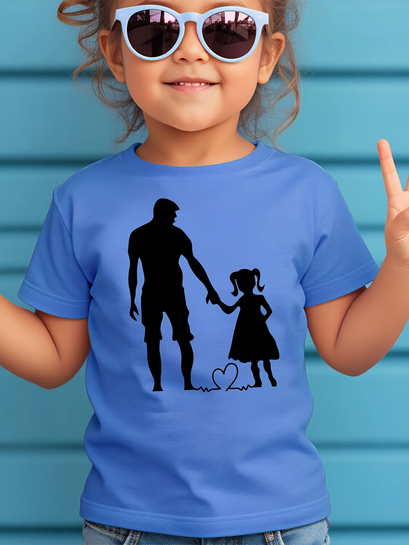Summer Children's Fashion T-shirt Girl Father Daughter Hand in Hand Silhouette Printed Outdoor Casual Parent Child Top