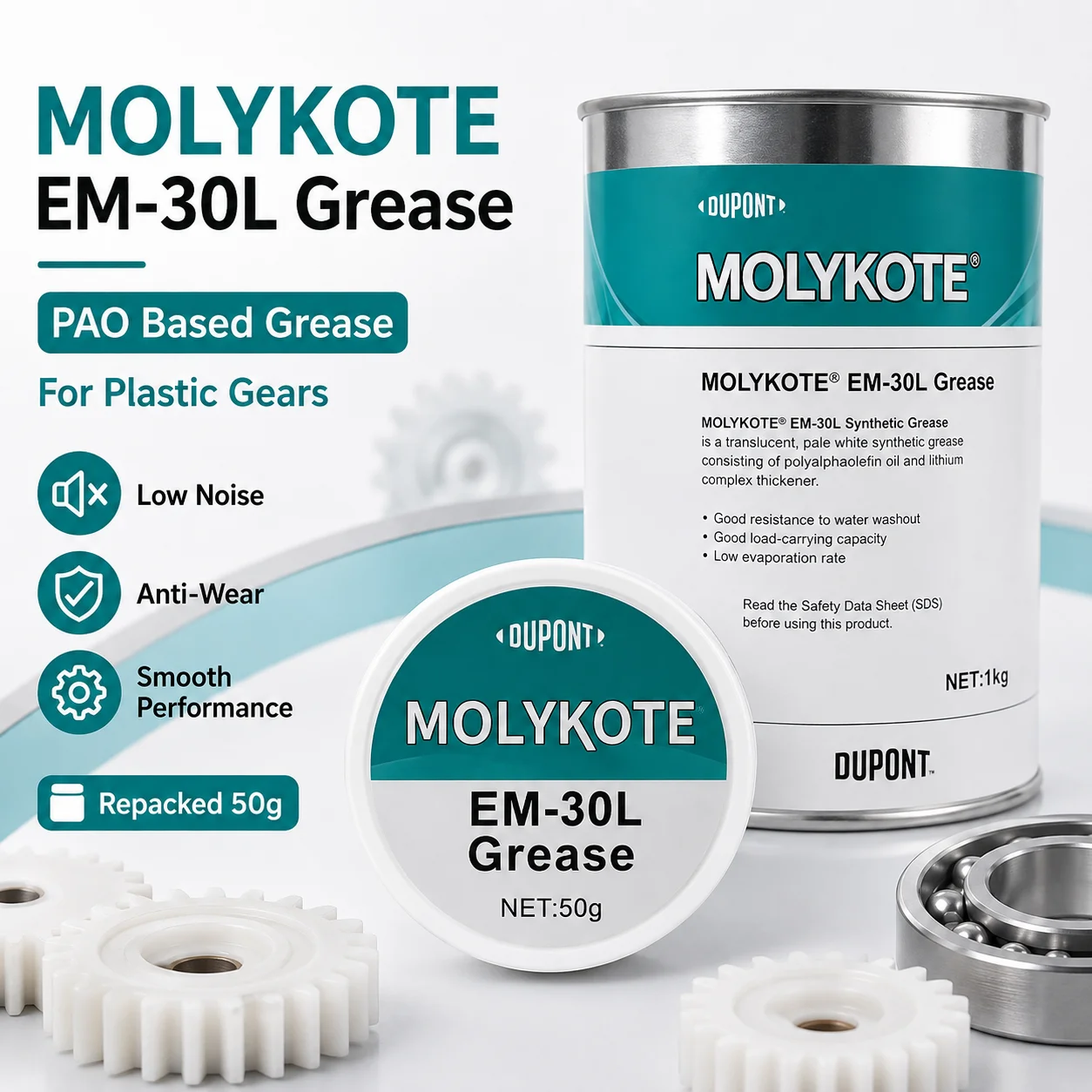 Image of Original MOLYKOTE EM-30L EM-50L EM-60L Schmierfett PAO Synthetisches Schmiermittel Weißes Fett für Kunststoffgetriebe Geräuscharm Verschleißschutz