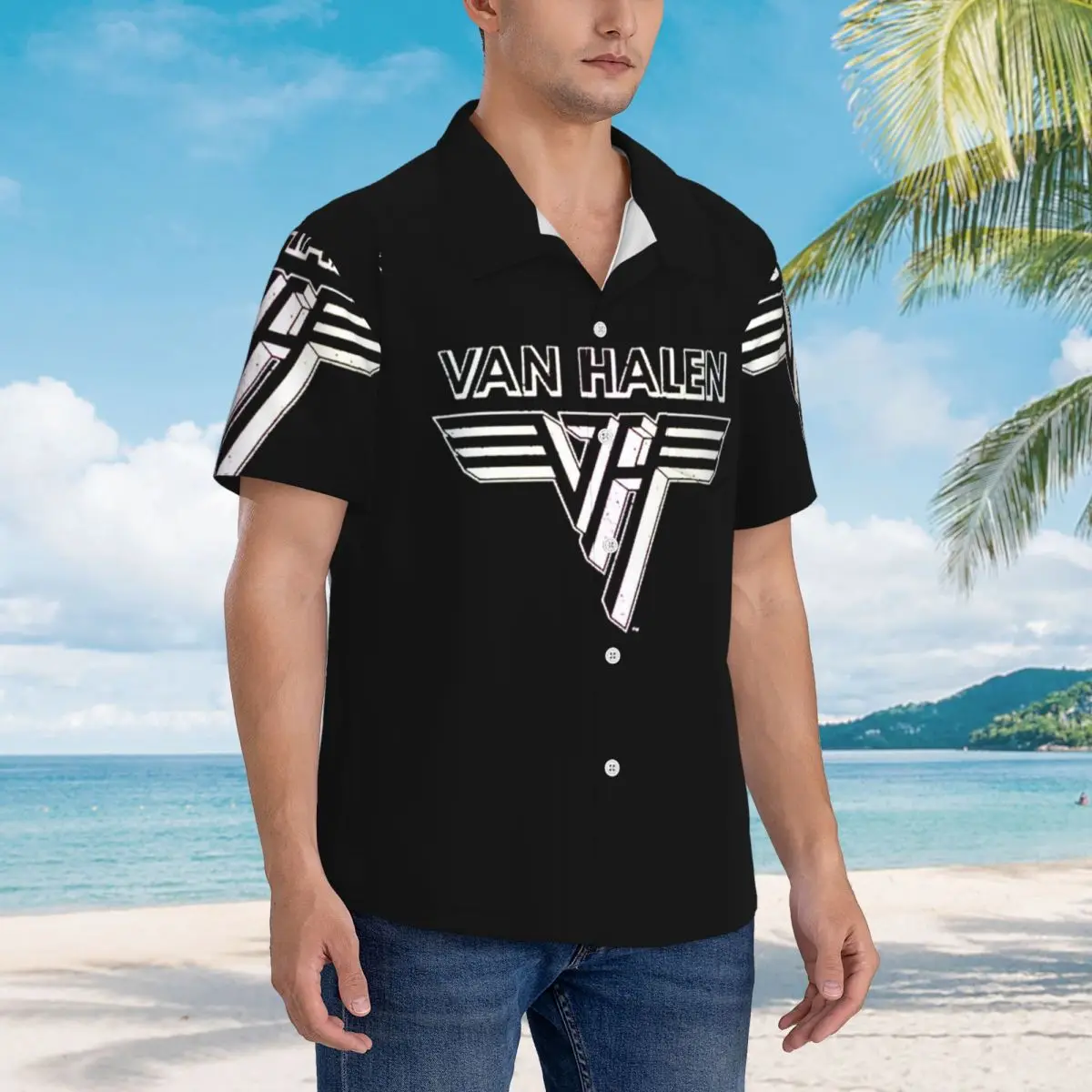 

Гавайские рубашки с логотипом Van Halen 5150, повседневная мужская рубашка с коротким рукавом для лета, пляжа, мужские топы на пуговицах