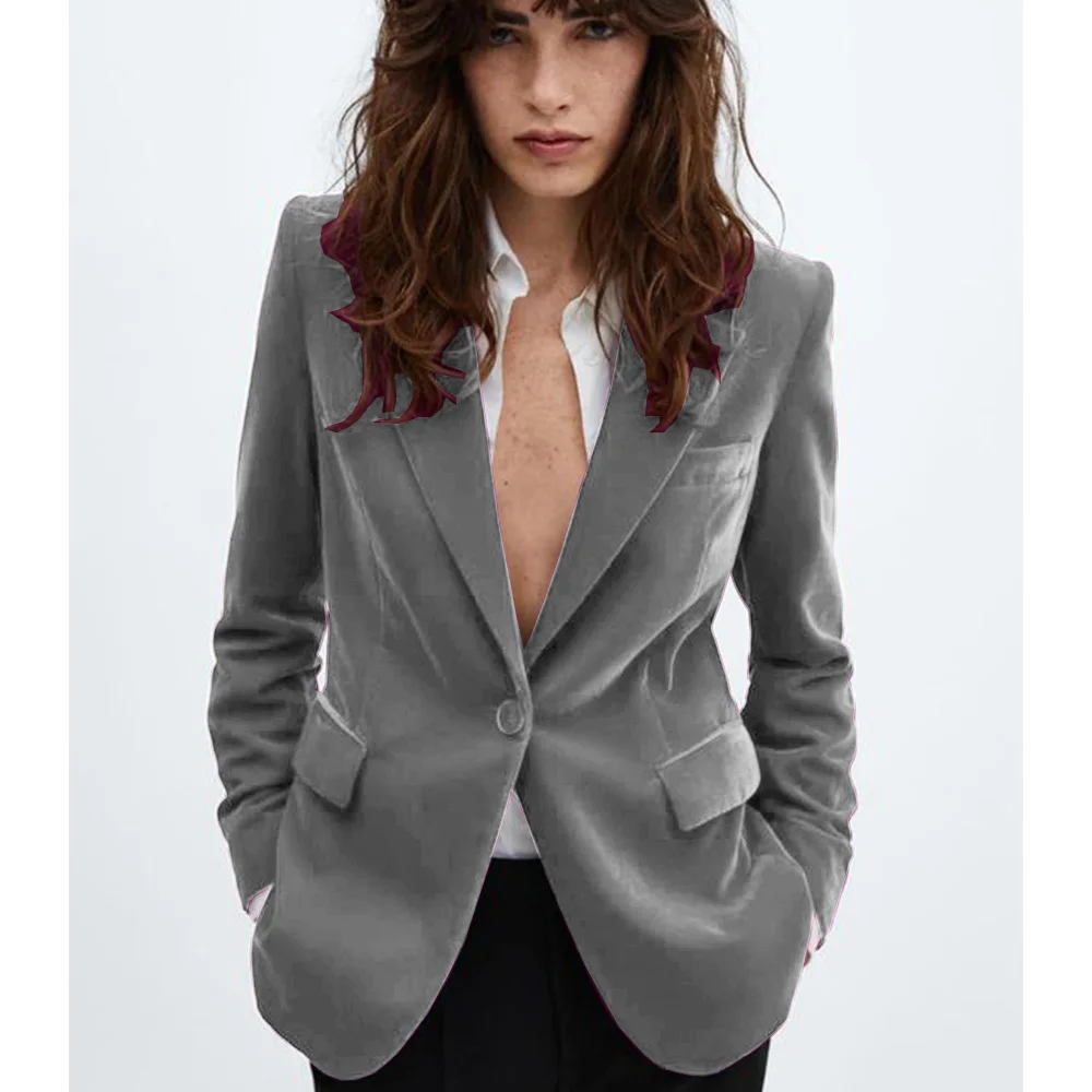 Abrigo de terciopelo de otoño e invierno para mujer, abrigo ajustado morado de un solo pecho, ropa informal cómoda y elegante para mujer