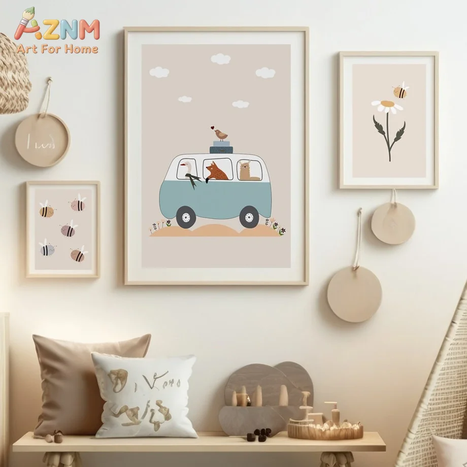 AZNM Boho Cartoon Travel Van Canvas Wall Art Cute Fox Llama Goose Bee Daisy Floral Neutral Pastel Print Unframed Canvas Kids Nur