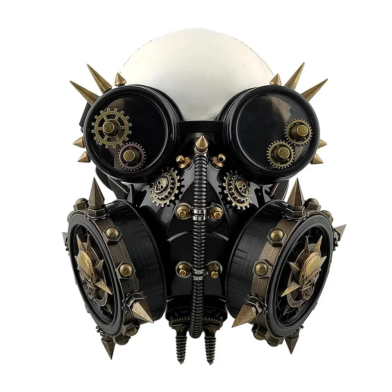 Herren Niet Vintage Steampunk Gothic Maske Gas Skelett Zahnräder Maskerade mit Brille Cosplay Kostüm
