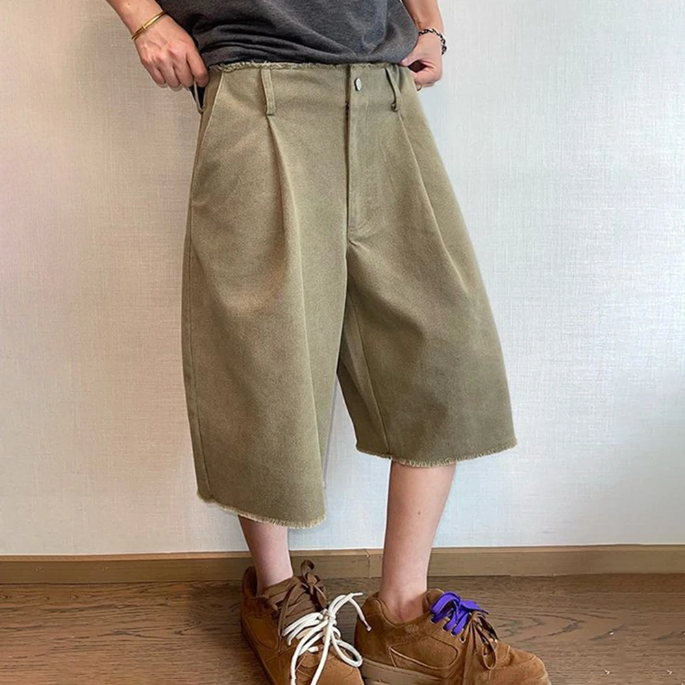 

Новые летние мужские однотонные укороченные брюки с необработанными краями, американский ретро-модный тренд, свободные повседневные дышащие нишевые мужские брюки