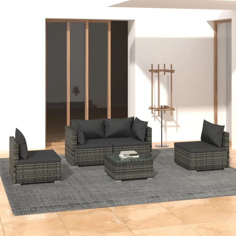 

5 Piece Patio Lounge Set with Cushions Poly Rattan Gray