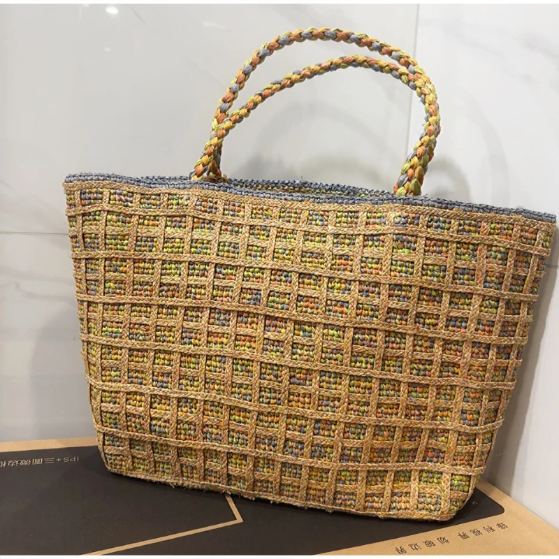 

Versatile Color-blocked Straw Bag Summer Raffia Beach Vacation Small Square Bag Handbag Handmade Women's Fashion Casual Tote Bag