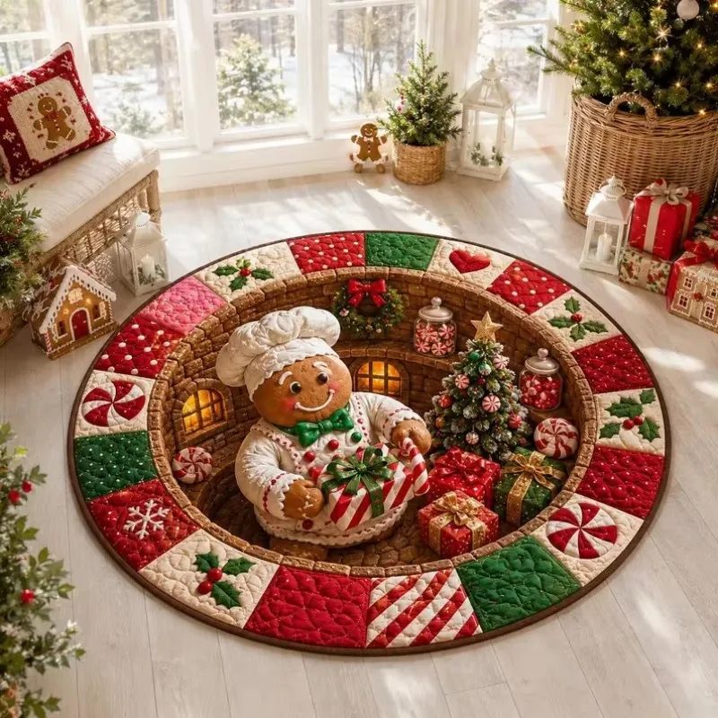 Round 3D Tunnel Gingerbread Man Rug Chef Gingerbread Cookie Art Print Decor Carpet For Xmas Room Home Decoration
