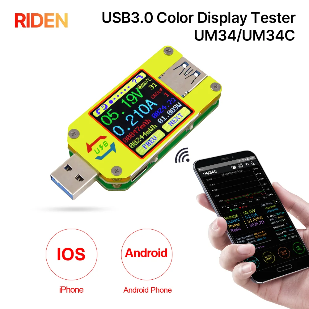 RIDEN UM34 UM34C for APP USB 3.0 Type-C DC Voltmeter voltage current meter battery charge measure cable resistance Tester