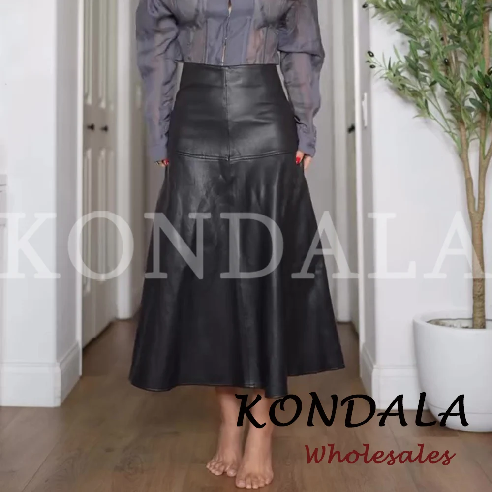 KONDALA Vintage PU Leather Skirt Fashion 2026 Autumn New High Waist Luxurious A-Line Long Skirt Streetwear Chic Female Skirt