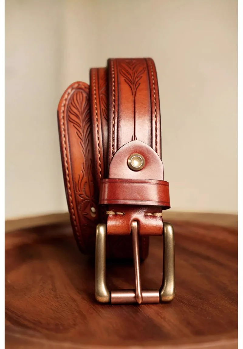 Herren-Jeansgürtel aus echtem Leder, lässig für jeden Tag, handgefertigt, 1,37 Zoll, geschnitzter amerikanischer Mode-Retro-Ledergürtel mit Geschenkbox – Detail 12