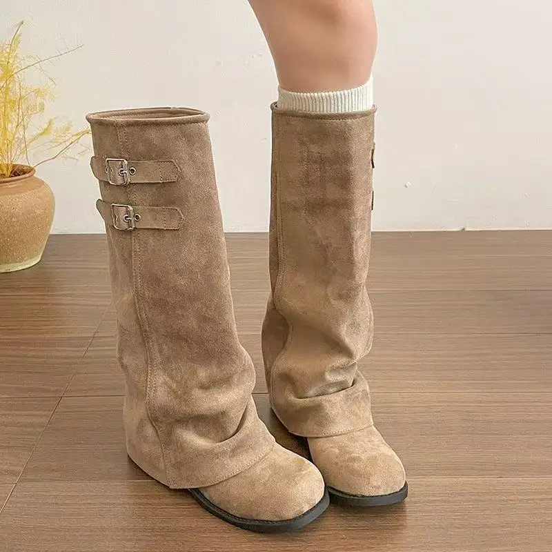 Vintage Women Slouchy Knee High Boots Round Toe Low Block Heel Double Buckle Wide Leg Tube Fashion Boots