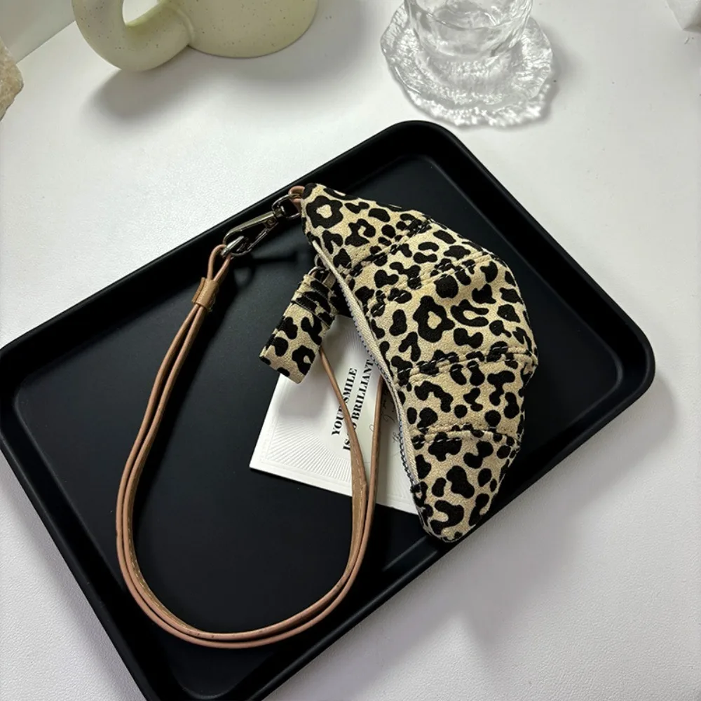 Suede Leopard Print Hanging Neck Bag Croissant Y2K Coin Purse with Lanyard Handbag Korean Style Mini Storage Bag Shopping