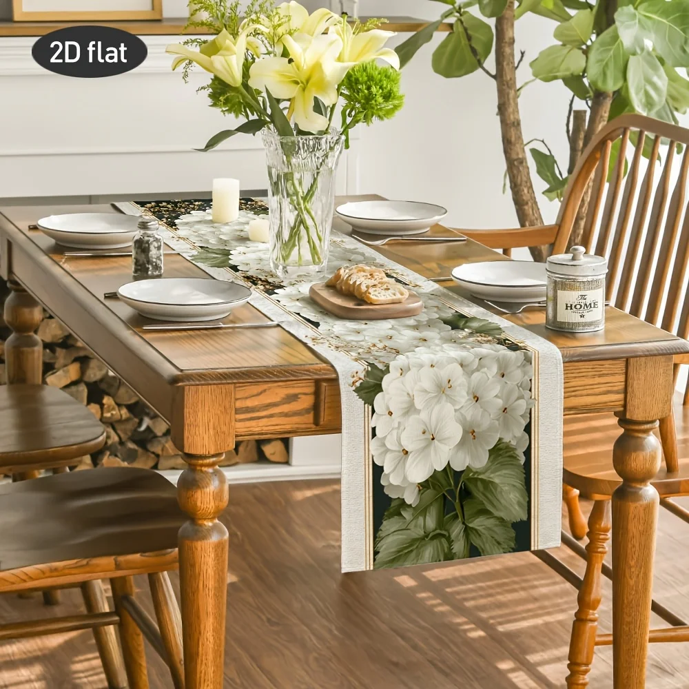 White Hydrangea Golden Ray Table Runner - French Romantic Summer Floral Cover for Wedding Party Kitchen Dining Table Decor