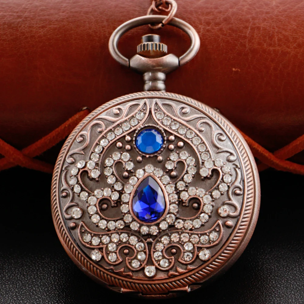 New Diamond Sapphire Punk Arabic Digital Quartz Pocket Watch Red Ancient Case Necklace Pendant Clock Chain Men's Women's Gift