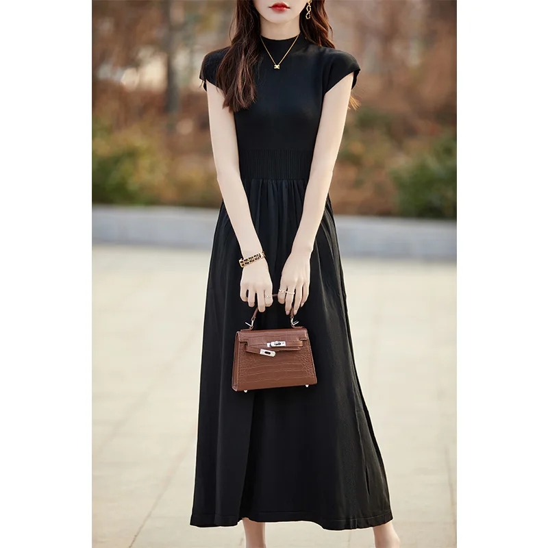 

Women's Half High Necked Ice Silk Long Skirt French Fashion Slim Fit Solid Color Flying Sleeve Sleeve Top Dress