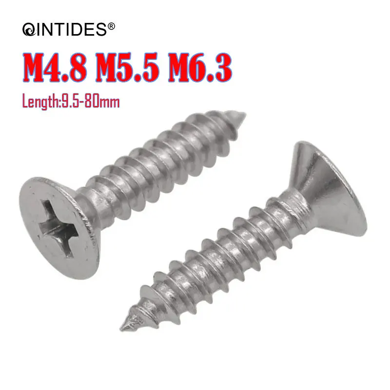 

50/500Pcs M4.8 M5.5 M6.3 Screw Length:9.5-80mm Cross Recessed Countersunk Head Self-tapping Screws Stainless Steel Flat Screws