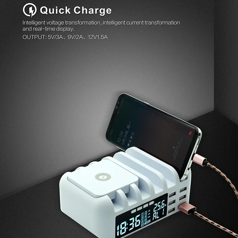 48W Universal Multi USB Fast Wireless Charger Station QC3.0 Usb LCD With Clock Portatil Carregador For iPhone 12 Xiaomi Samsung