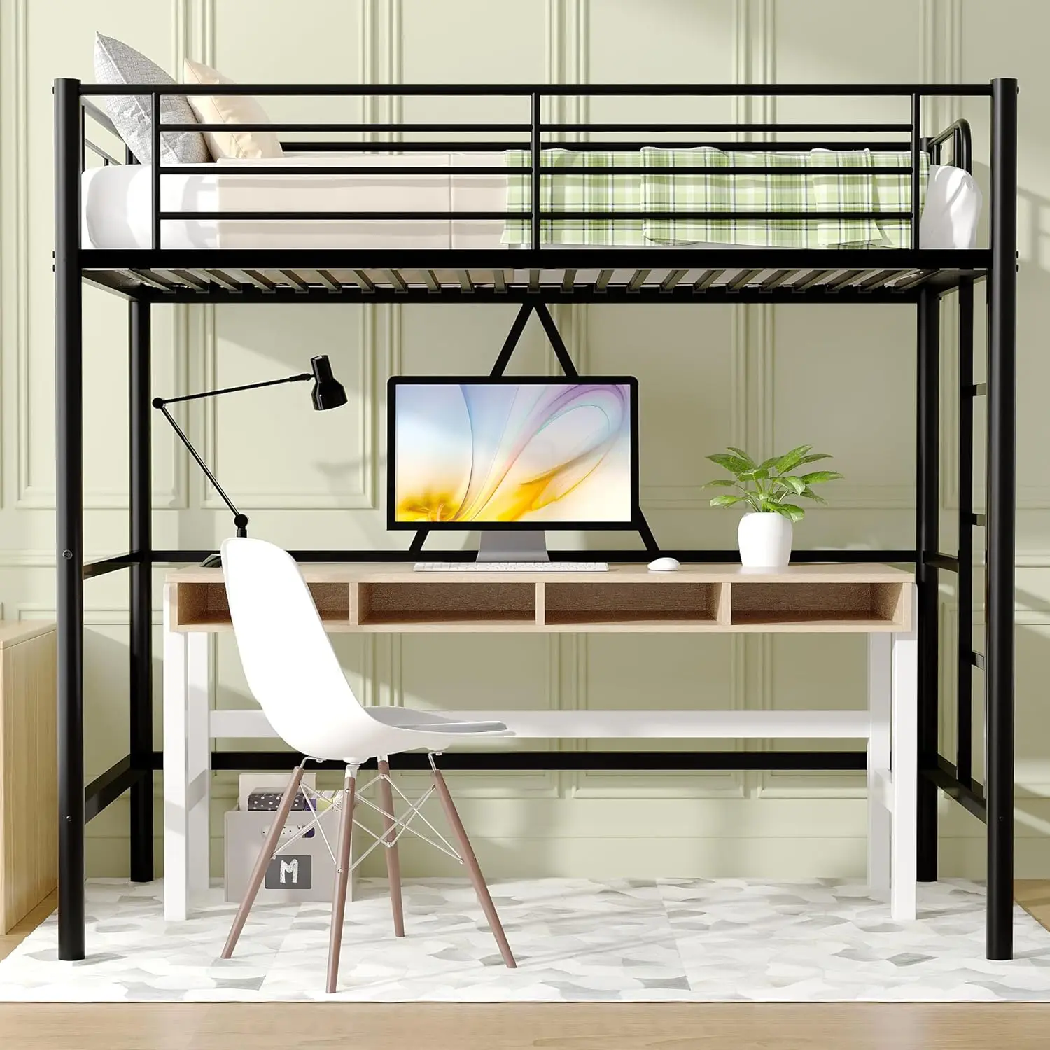 Loft Bed Twin Size, Heavy Duty Bedframe with Removable Ladder and Safety Guardrail, Space-Saving, Noise Free, No Box Spring Need