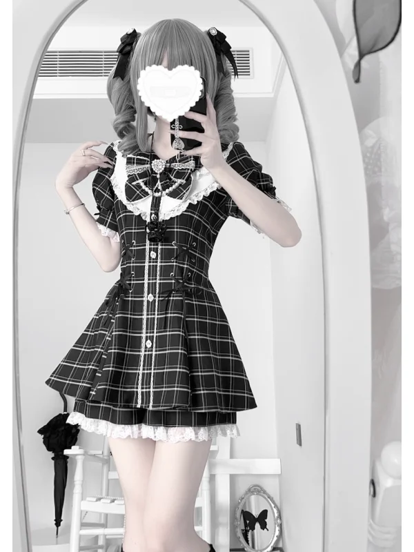 

Gothic Short Sleeve Two-Piece Set Summer School Style Japanese JK Uniform Lace Culture Girl's Outfit Skirt Brand Unbranded