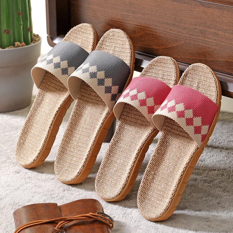 Mntrerm Square Pattern Linen Indoor And indoor Home Wood Floor Tile Slippery For Summer Season Linen Open Toe Straw Slippers