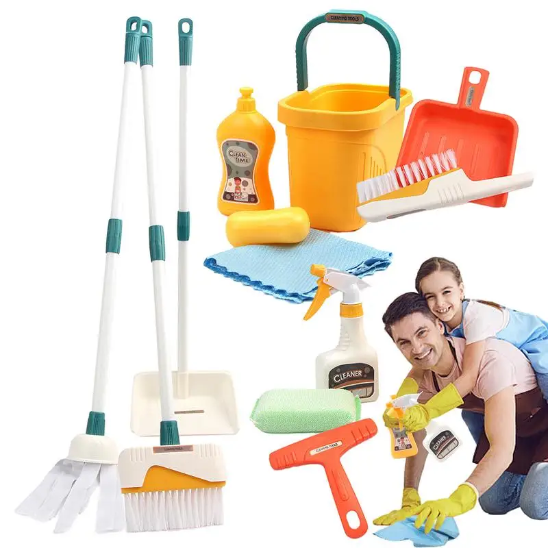 Kids Cleaning Toy Set 12pcs Pretend Play Housekeeping Set Kids Chore Kit with Broom  Furniture Tools Kit Lovely Doll House Clean