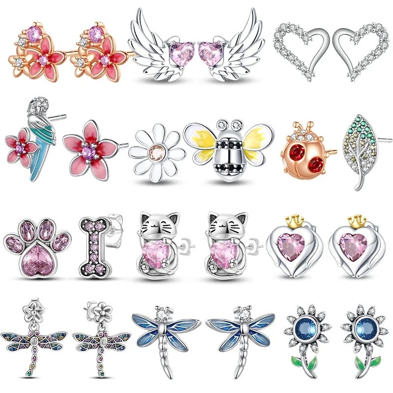 925 Silver Earrings For Women 925 Silver Color Butterfly Dragonfly Flower Heart Shaped Ear Studs Fine Jewelry Couple