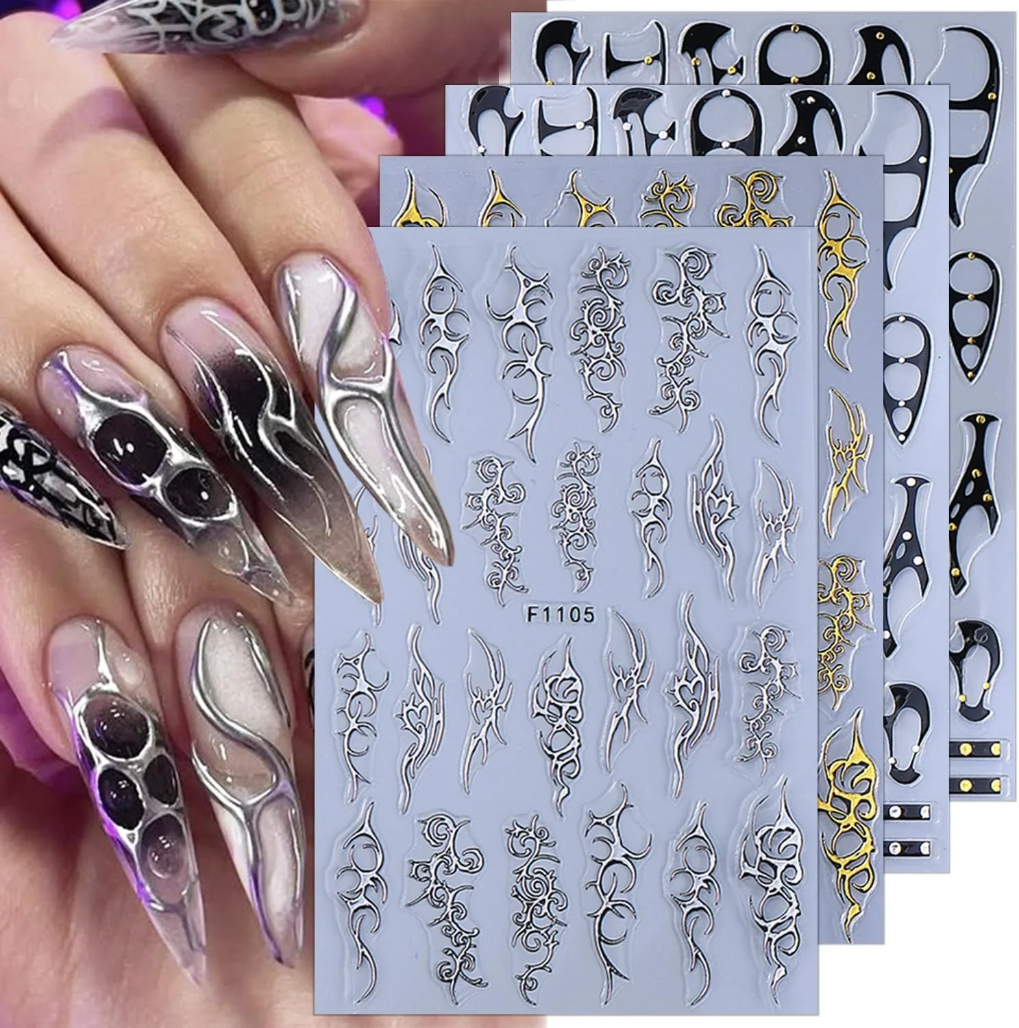Autocollants pour ongles gothiques, ceinture Punk, 3D, auto-adhésifs, ligne or argent, autocollants pour Nail Art, épines rétro, lignes de flamme, Design d'ongles