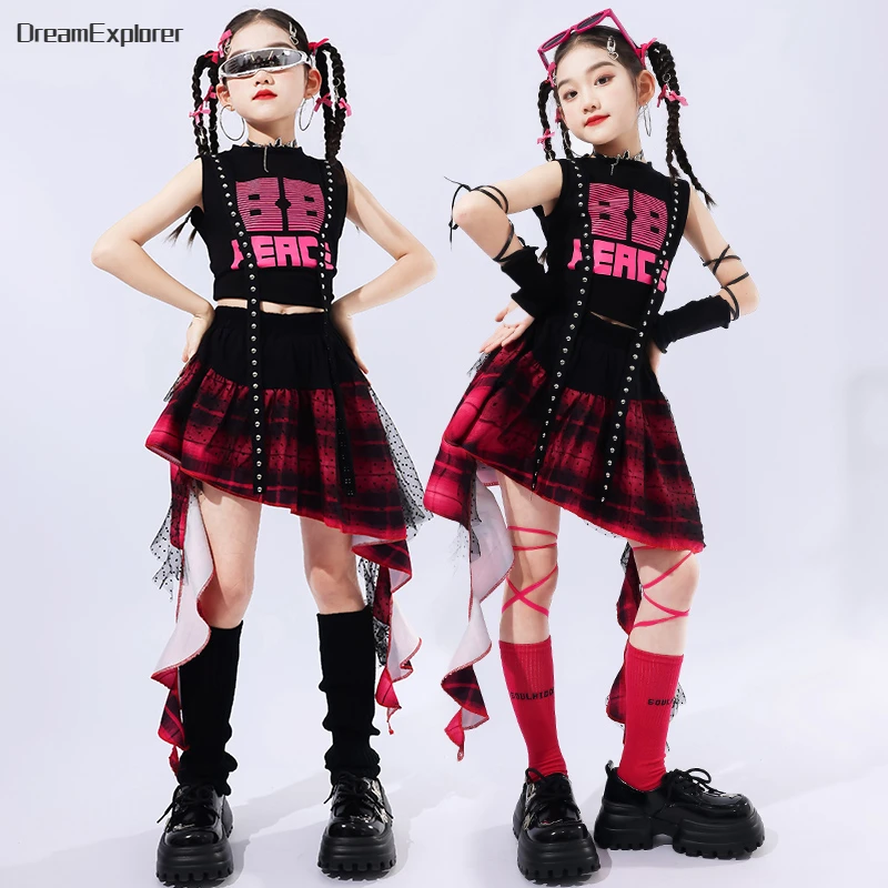 Girls Hip Hop Crop Top Plaid Street Dance Lace Ribbon Skirts Kids Sweet Jazz Cheerleader Costumes Child Streetwear Clothes Sets