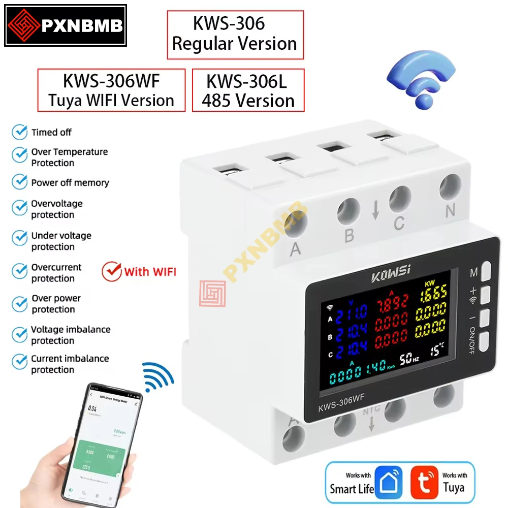 80A Tuya WIFI Smart Life Voltage Meter AC 85-290V Electric Meter 3-phase 4-wire DIN-Rail Energy Monitor KWS Current Power Meter