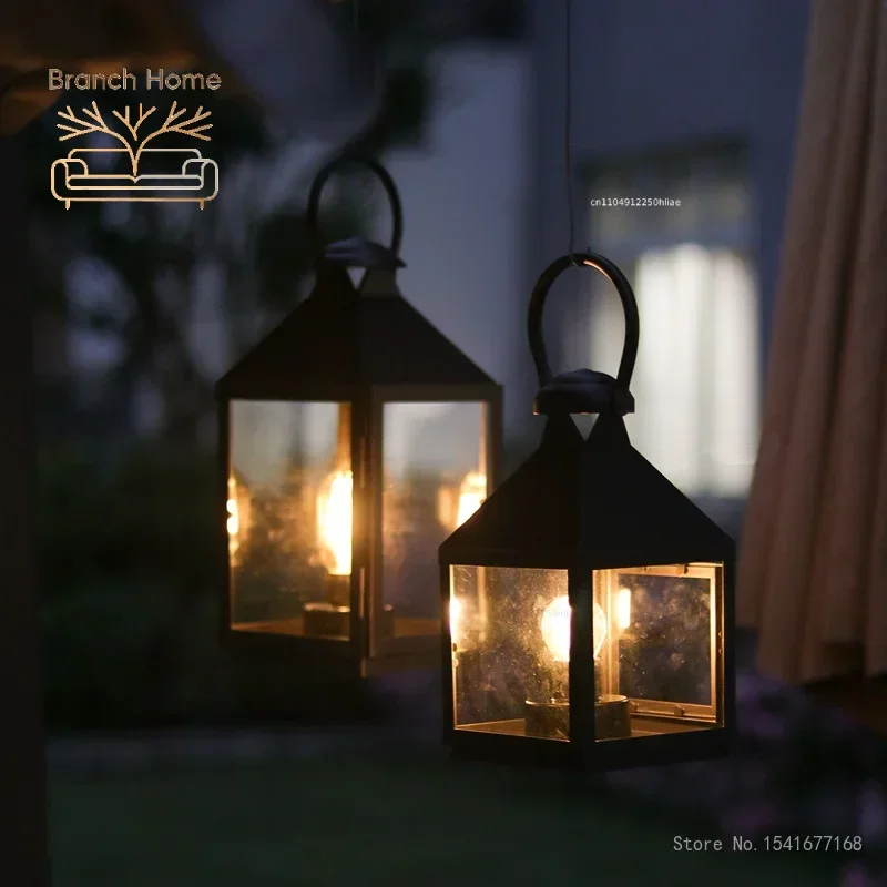 Nordic Outdoor Glass Windproof Candlestick, Wrought Iron, Floor Wind Lamp, Simple Shooting Props, Retro Garden Decor, 1Pc