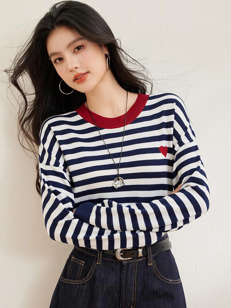 Damski luźny sweter z dzianiny w paski O-Neck z długim rękawem swetry z dzianiny eleganckie topy moda kobiece topy na co dzień