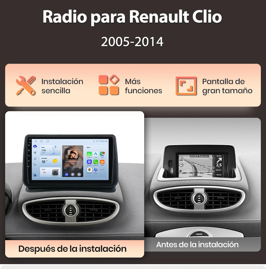 Junsun Autoradio für Renault Clio 3 2005 2006-2014, kabelloses CarPlay, Android Auto, intelligente Systeme, IPS/QLED-Touchscreen, 360°-Kamera, DSP, GPS-Navigation, WiFi, DAB+, RDS, FM/RAM, BT, SWC, Plug-and-Play, 2DIN – Detail 3