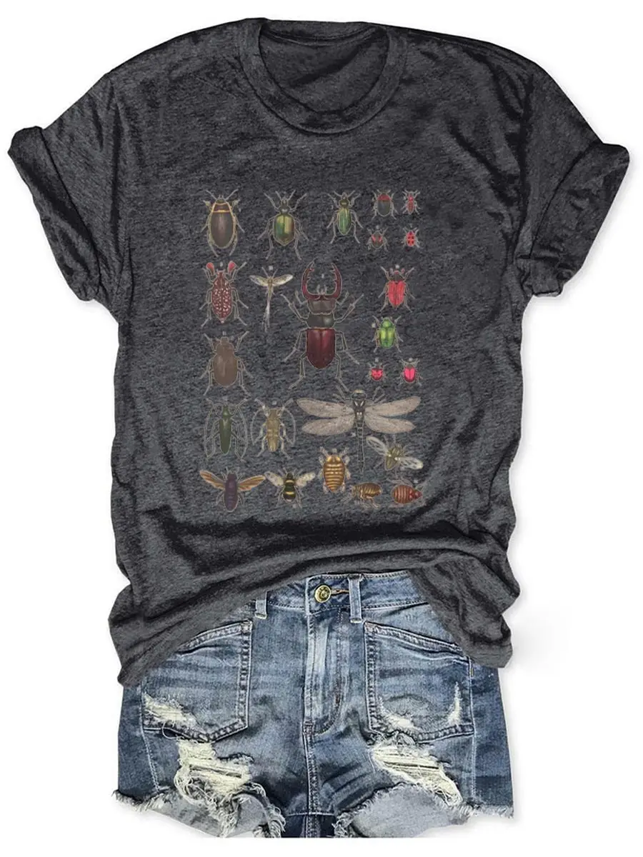 Rheaclots Vintage Insects Printed Round Neck Short Sleeve T-Shirt