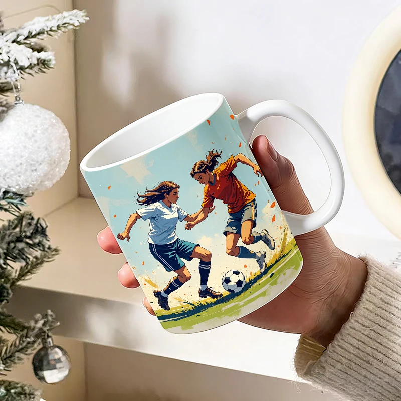 Bright Sky Female Football Duel Coffee Mug, Two Girls Soccer Competition Ceramic Cup, 11oz Fresh Energetic Sport Daily Drinkware