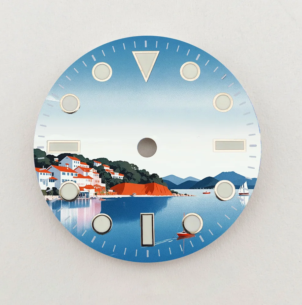 NH35 Dial 28.5Mm Dial Seaside Town Dial Kreatif NH36 Dial Warna Dial Cocok NH35/36 Jam Tangan Pergerakan Penggantian Suku Cadang LOGO Kustom