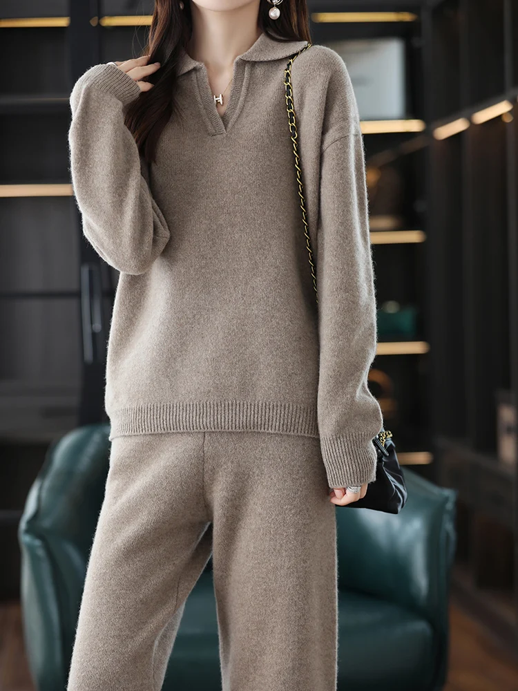 New Cashmere Suit Female Lapel Korean Version Of Senior Casual Sweater Wide-Leg Pants Wool Knitted Two-Piece Suit