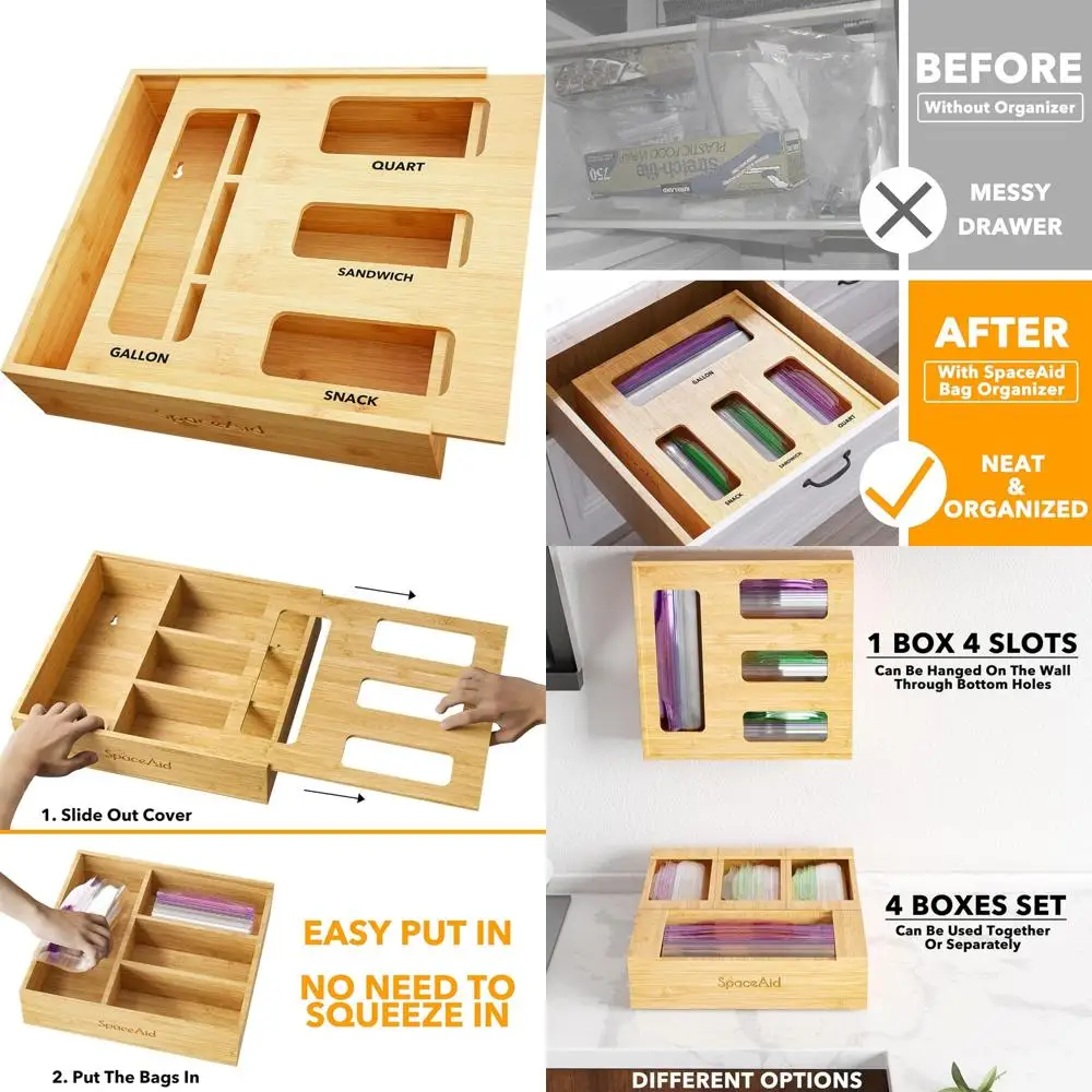 

Бамбуковый органайзер для хранения кухонного ящика — компактное решение для сумок для галлонов, литров, сэндвичей и закусок