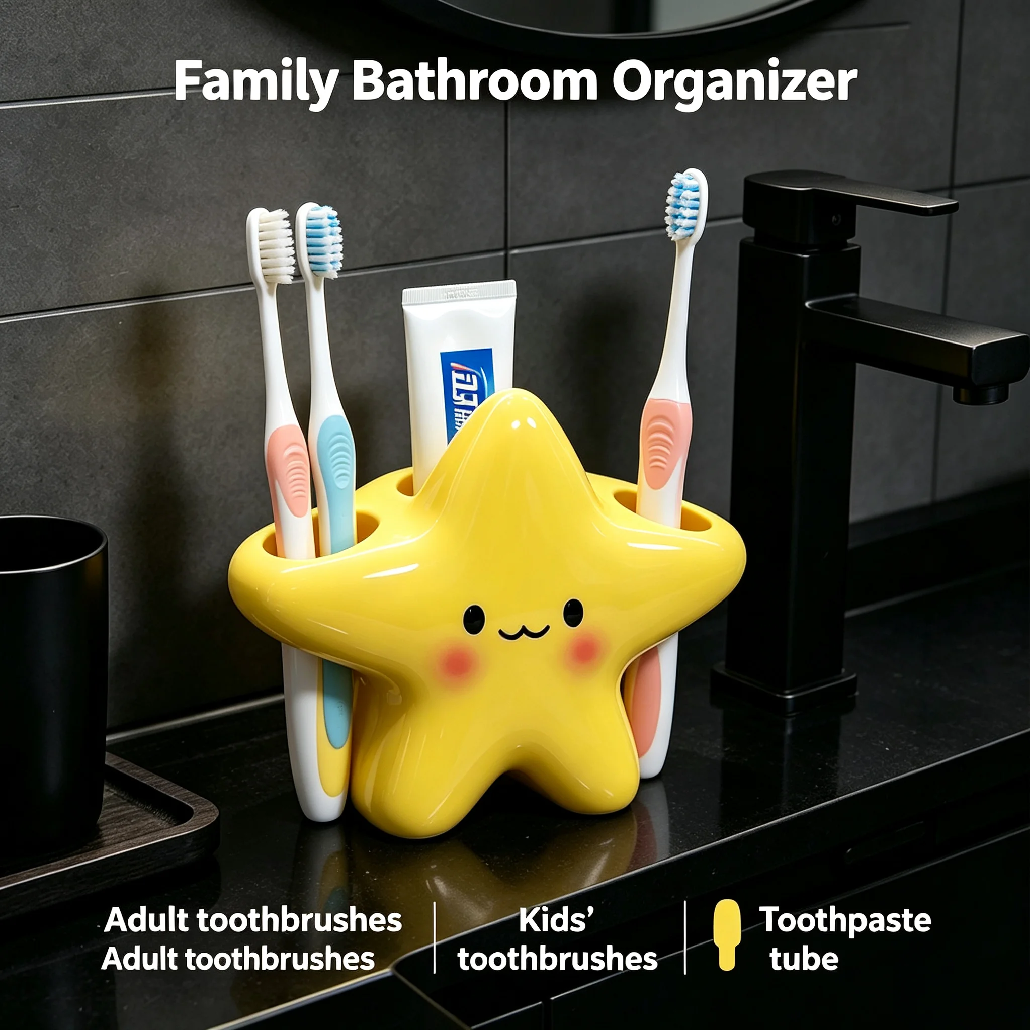 Smile Star Toothbrush And Toothpaste Holder Integrated Multi Slot For Adults And Kids Tidy Countertop