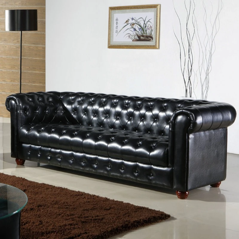Retro pull button oil wax leather sofa, simple small apartment in the living room for three people