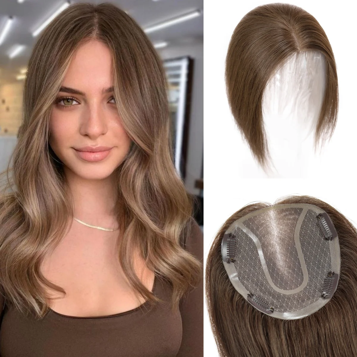 14 Inch Bruin Menselijk Haar Toppers Mono Lace Base Clip In Haarstukken Zijde Steil Natuurlijk Menselijk Haar Toppers Voor Vrouwen Dagelijks Gebruik - afbeelding 2