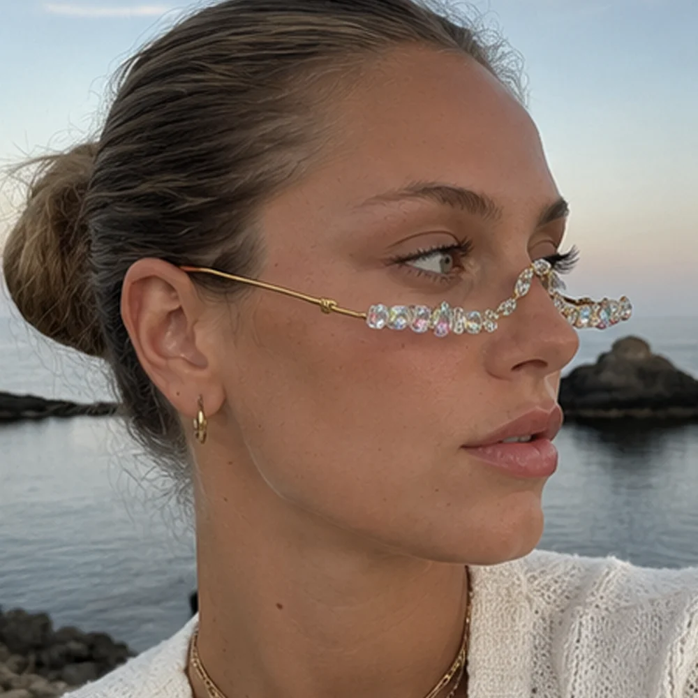 Rhinestone Eyeglass Frame Crystal Lensless Wave Bridge Statement Eyewear Face Jewelry for Women Festival Party Rave Costume