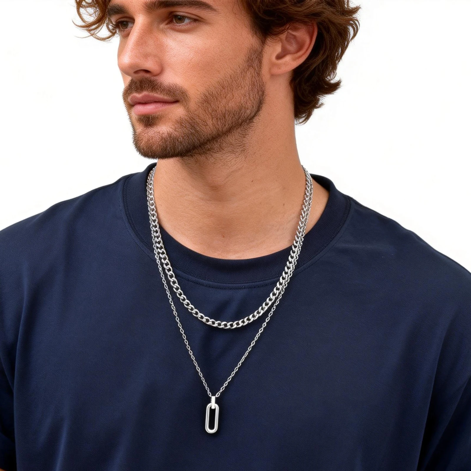 

Stylish Geometry Layering Necklaces for Men Women,Silver Color Stainless Steel Rectangle Pendant Neacklace,Birthday Patry Gift